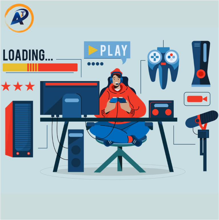 Illustration of boy plating video games and recording their video games.